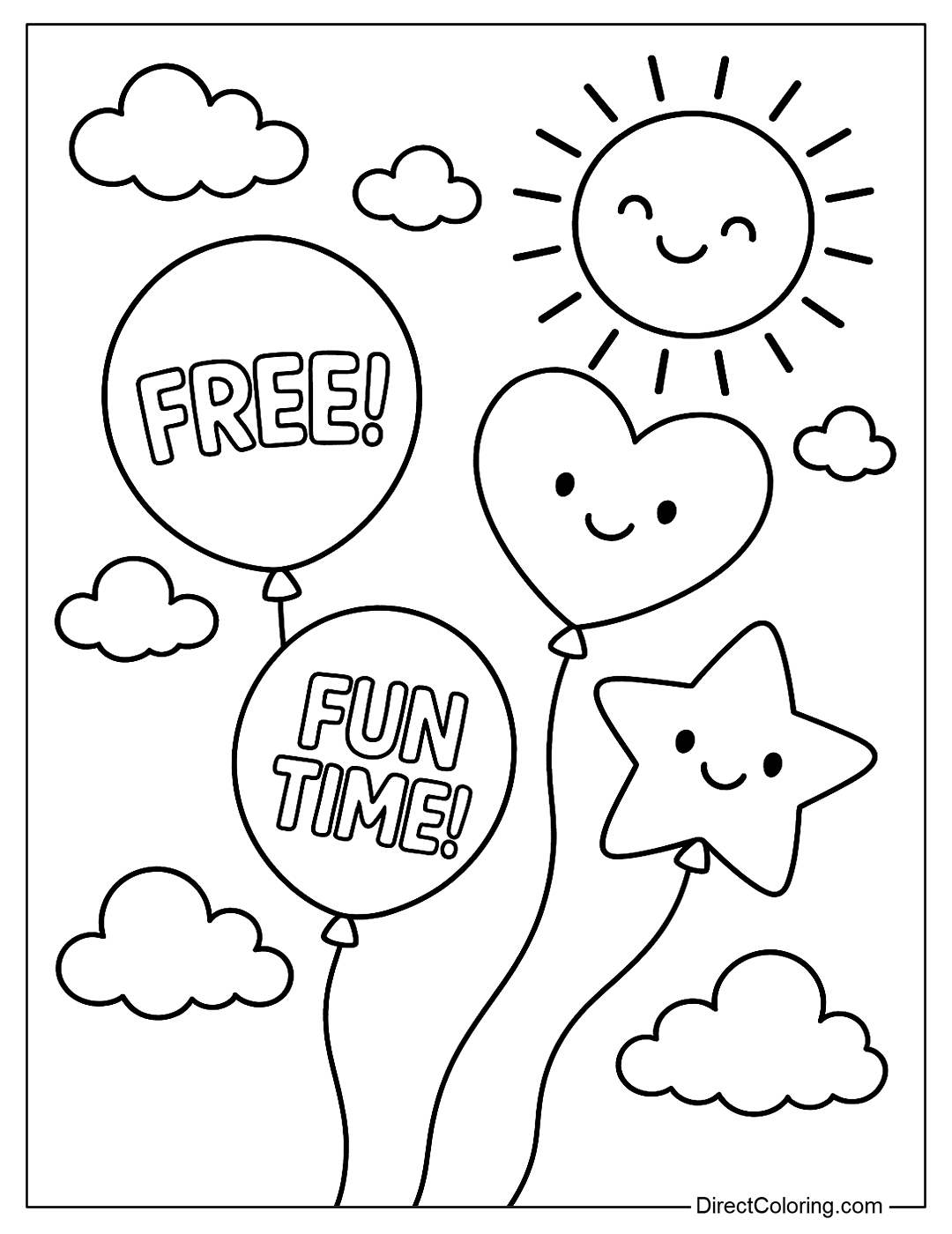 A coloring page of Balloons with sentimental words like “Free!”, “Fun Time!” flying into the sky.